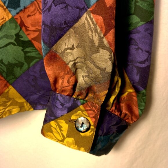 La Chine Classic Blouse Size 12 Satin Polyester Patch Look Rose Long Slv Vintage - Picture 10 of 16